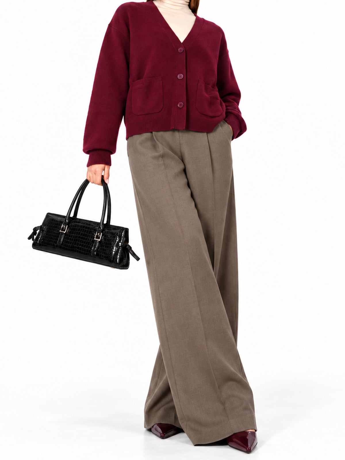 The Wine V-Neck Pocket Cardigan