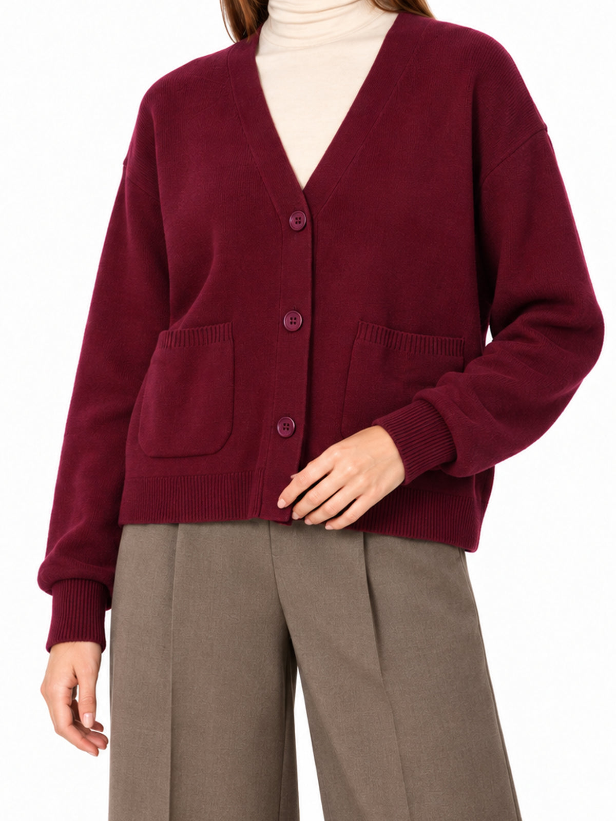 The Wine V-Neck Pocket Cardigan