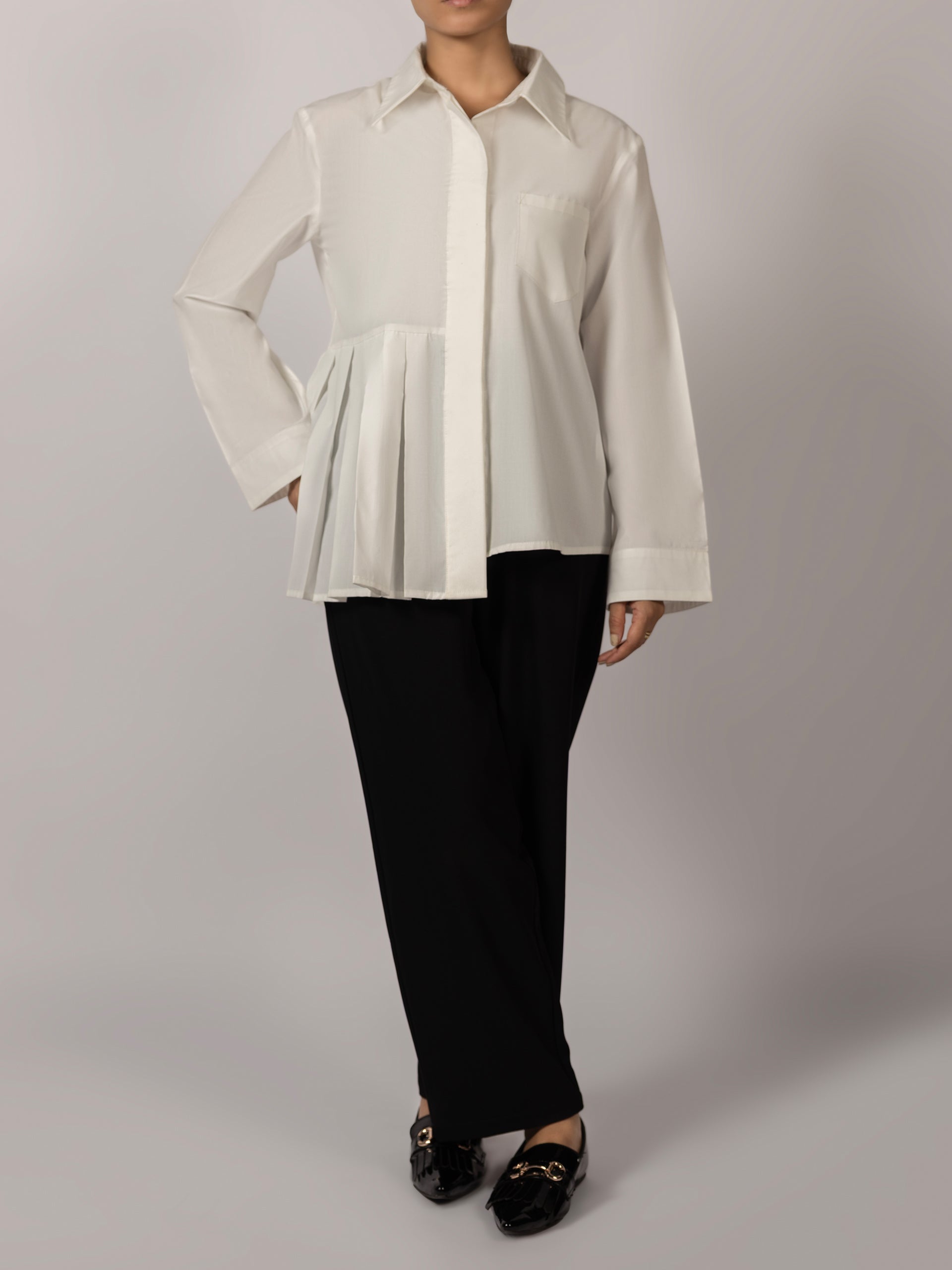 White Pleat-Perfect High-Low Blouse