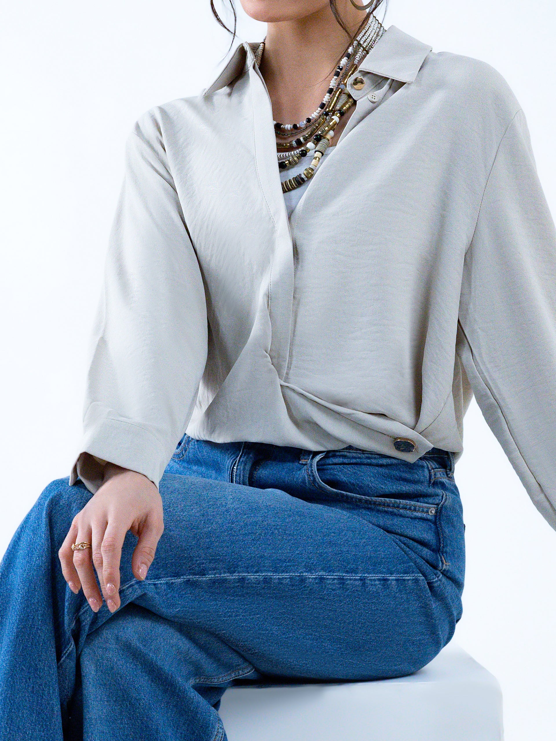 Stone Buttoned-Waist Asymmetric Top