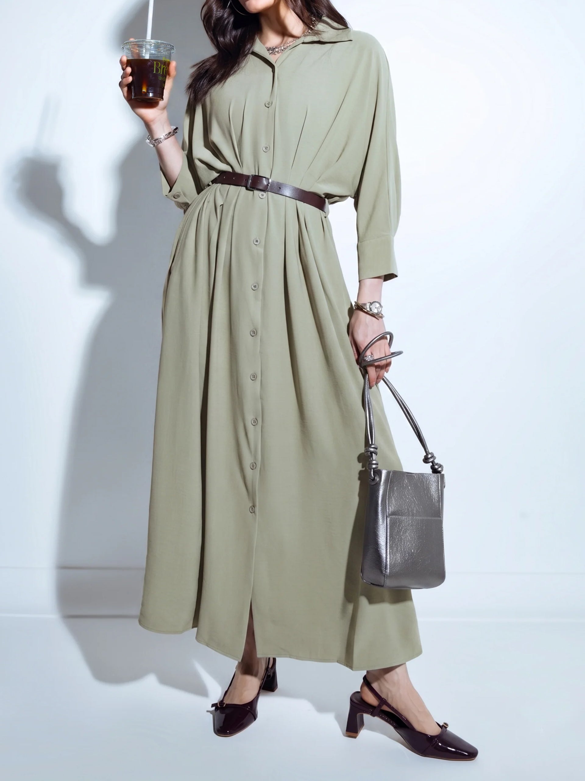 Olive Pleated Shirt Dress
