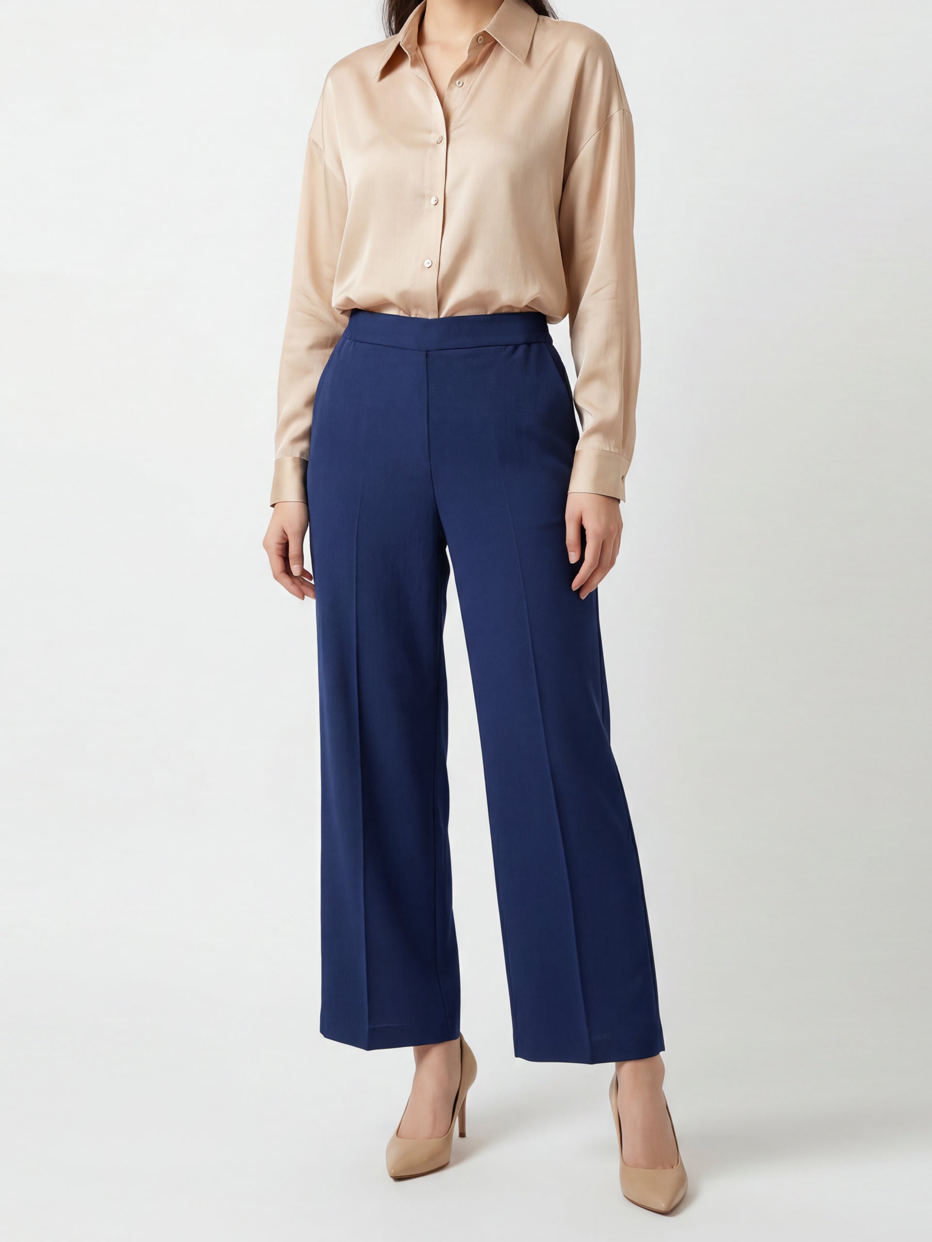 Navy Blue Relaxed Pull On Wide Leg Pants
