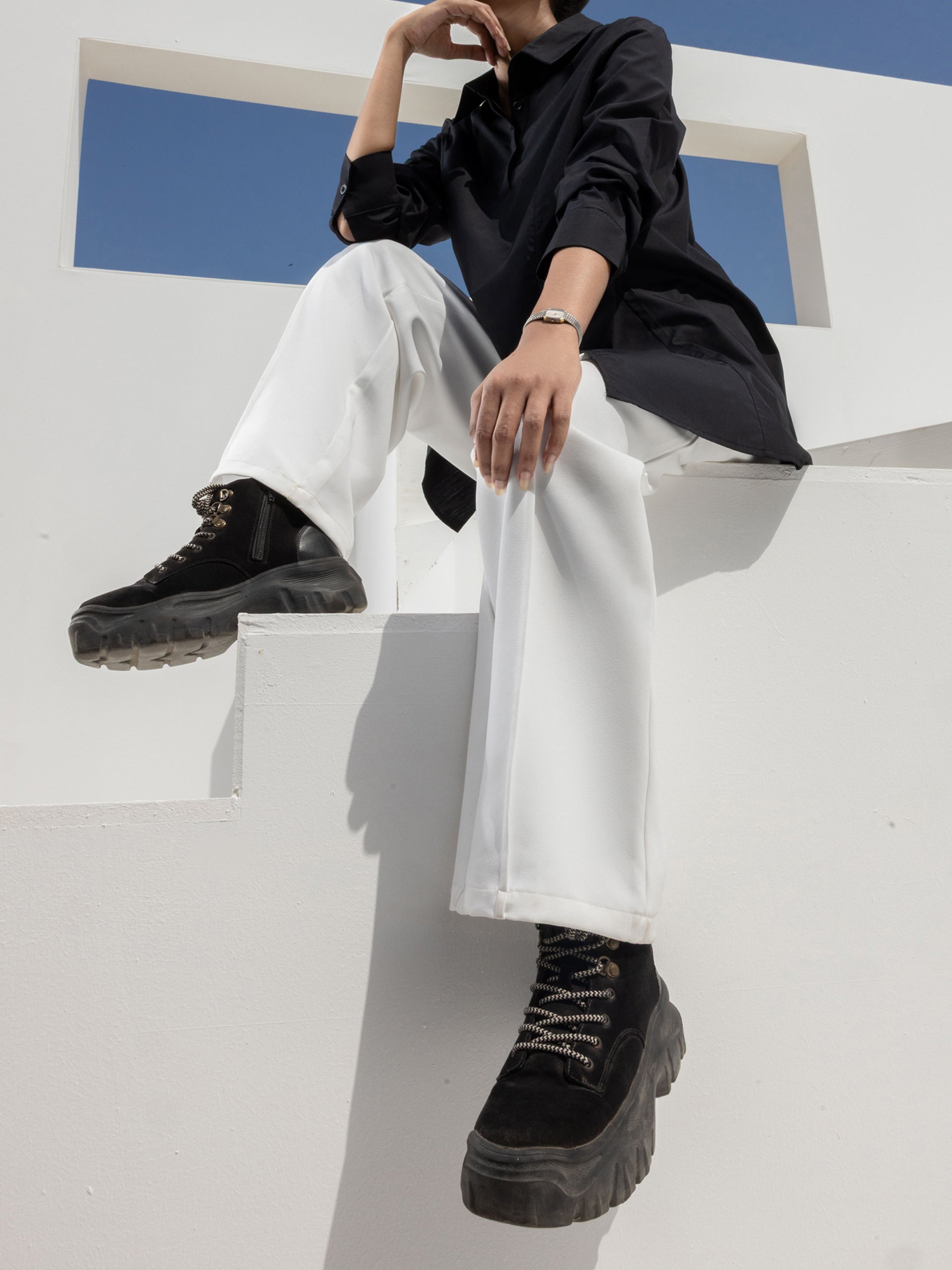 White Pleated Wide Leg Trousers