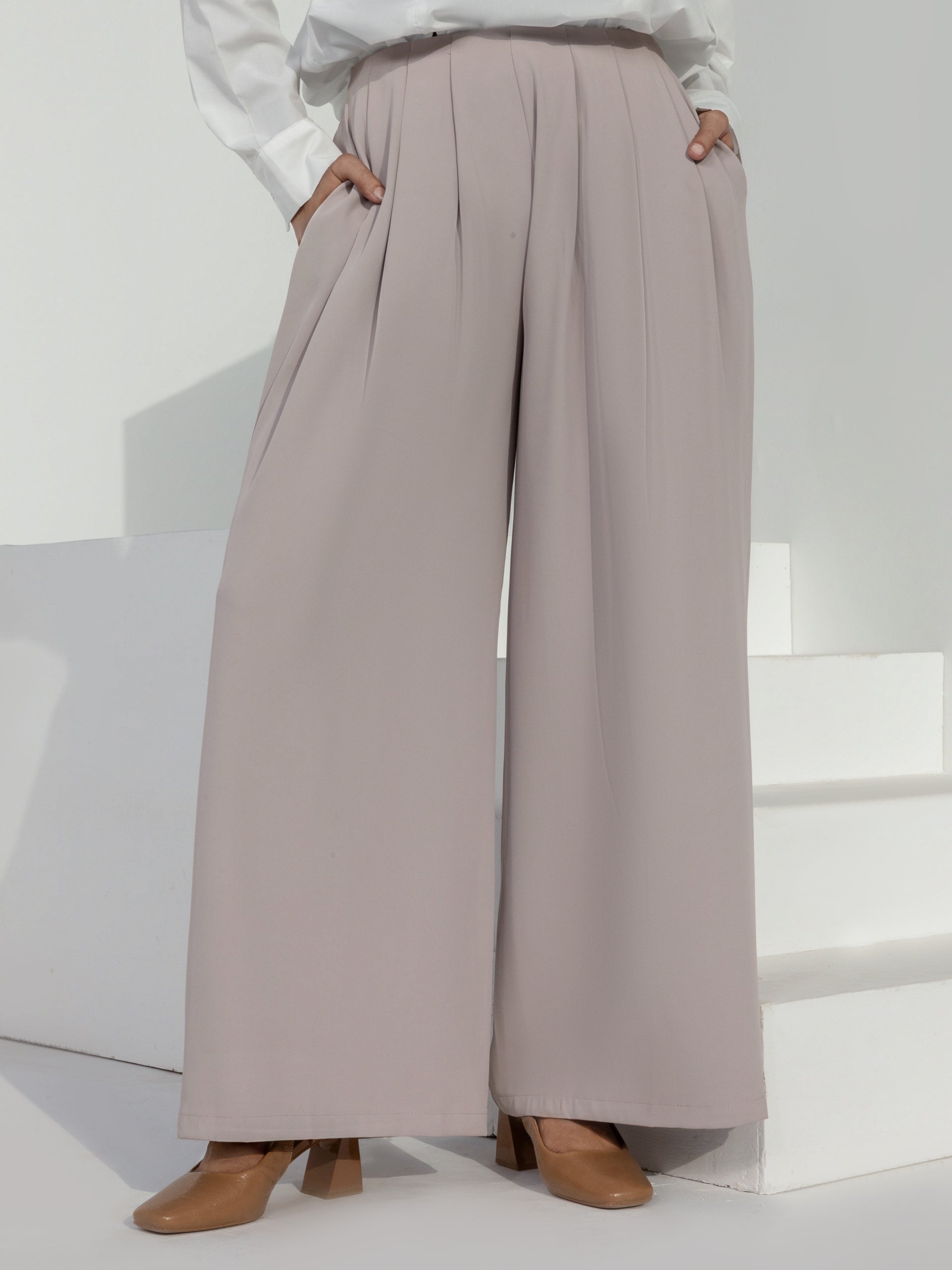 Grey-Beige Wide Leg Trousers