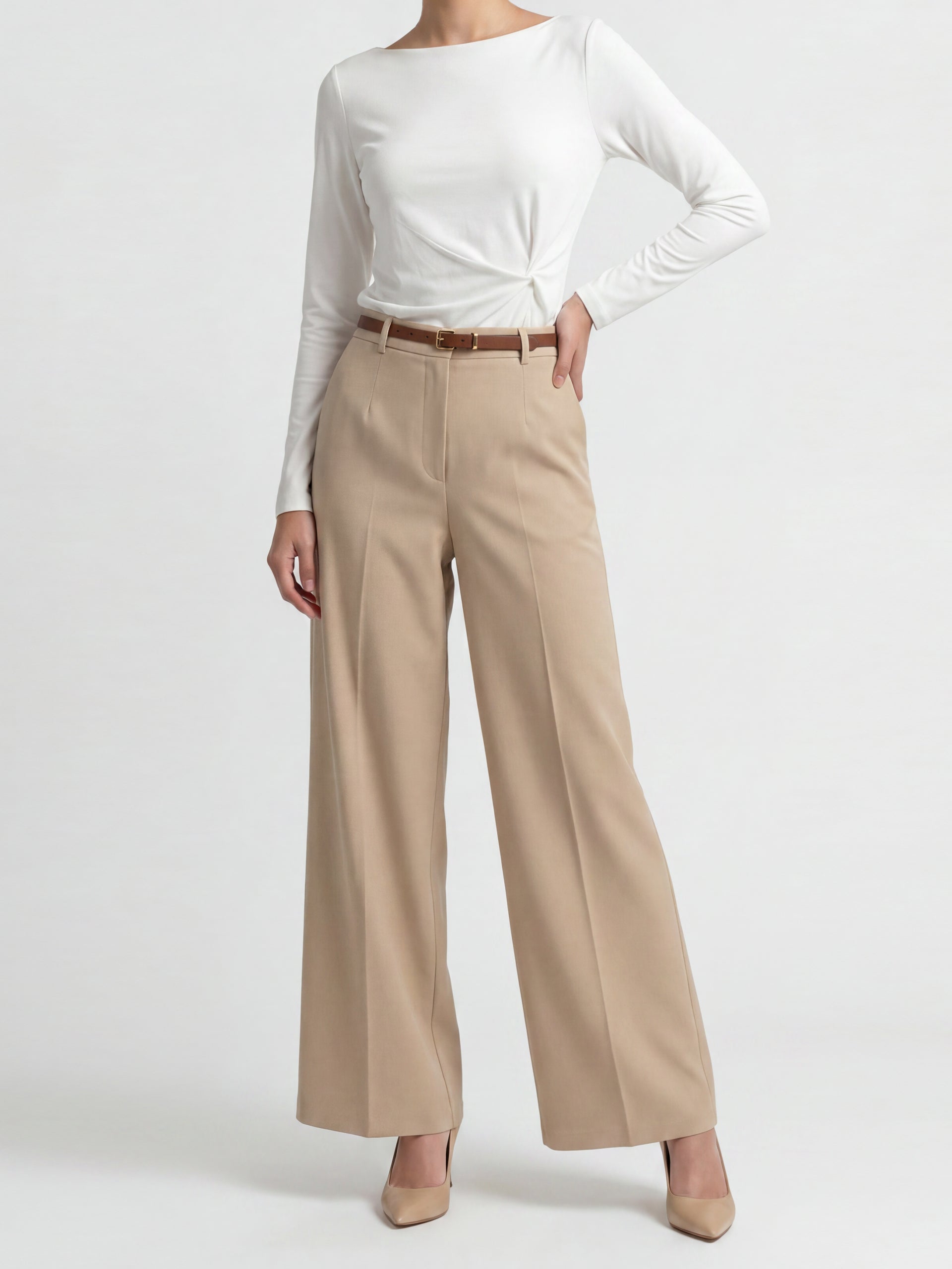 Beige High Waist Belted Trousers