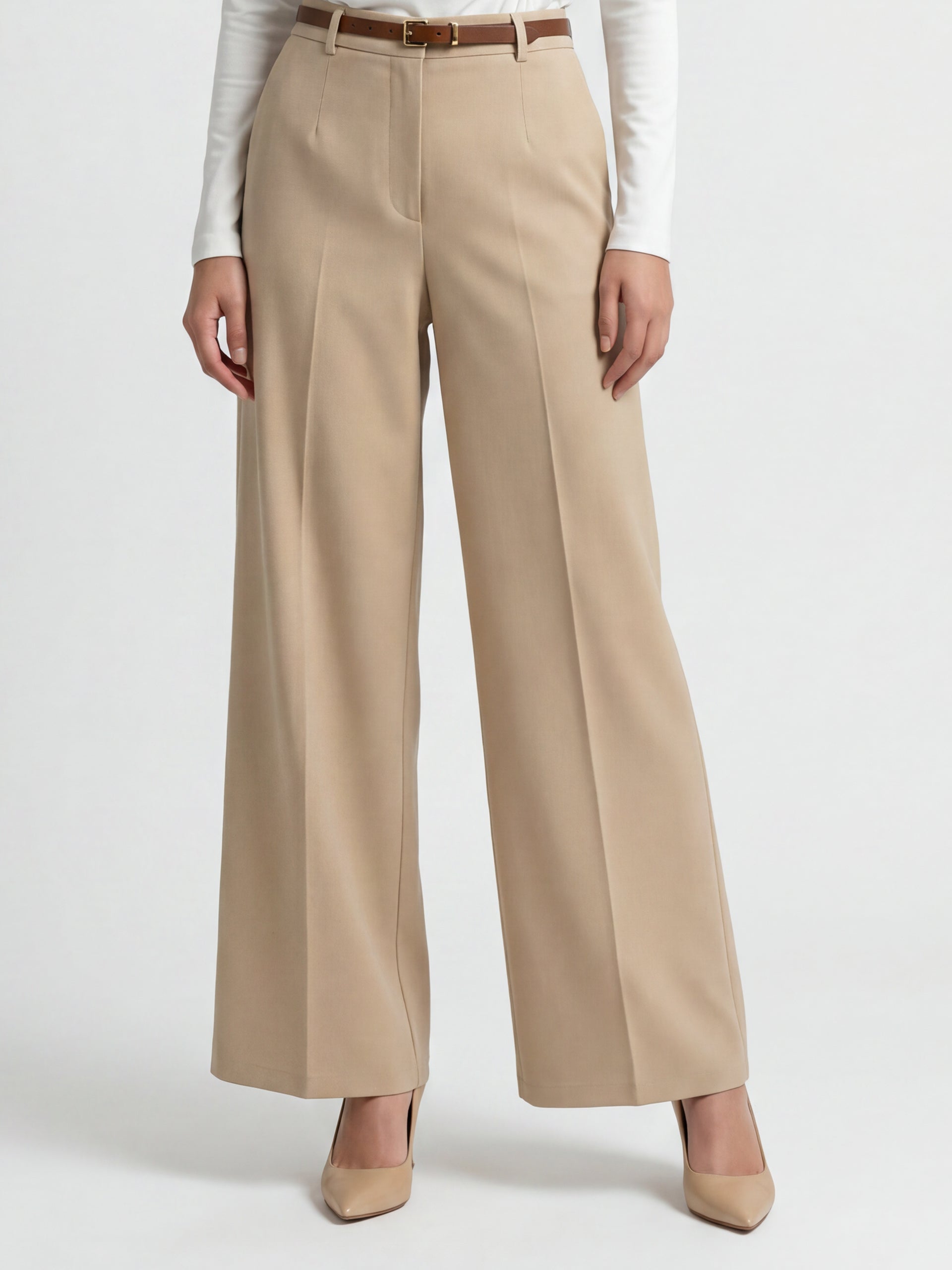 Beige High Waist Belted Trousers