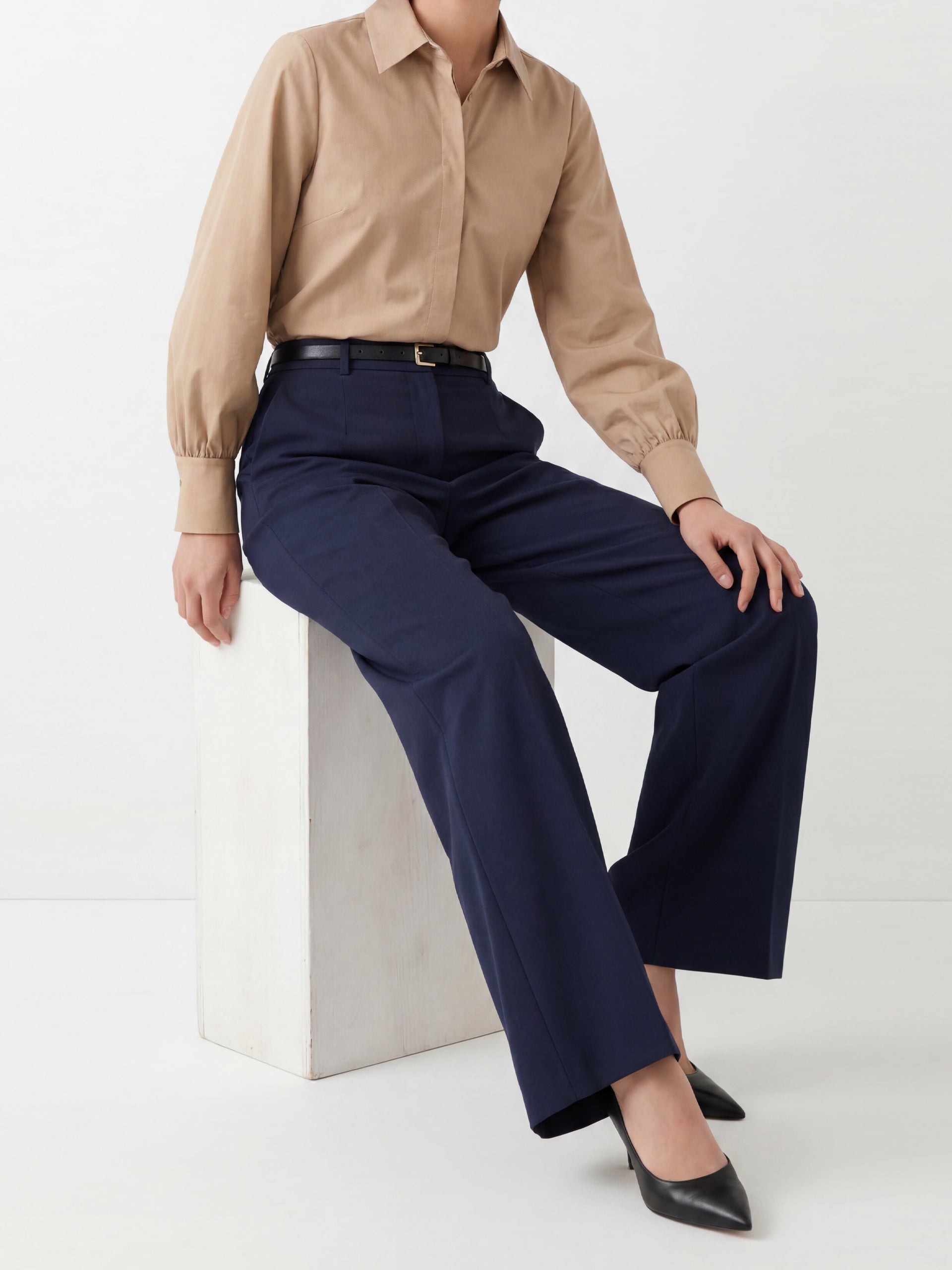 Navy Blue High Waist Belted Trousers