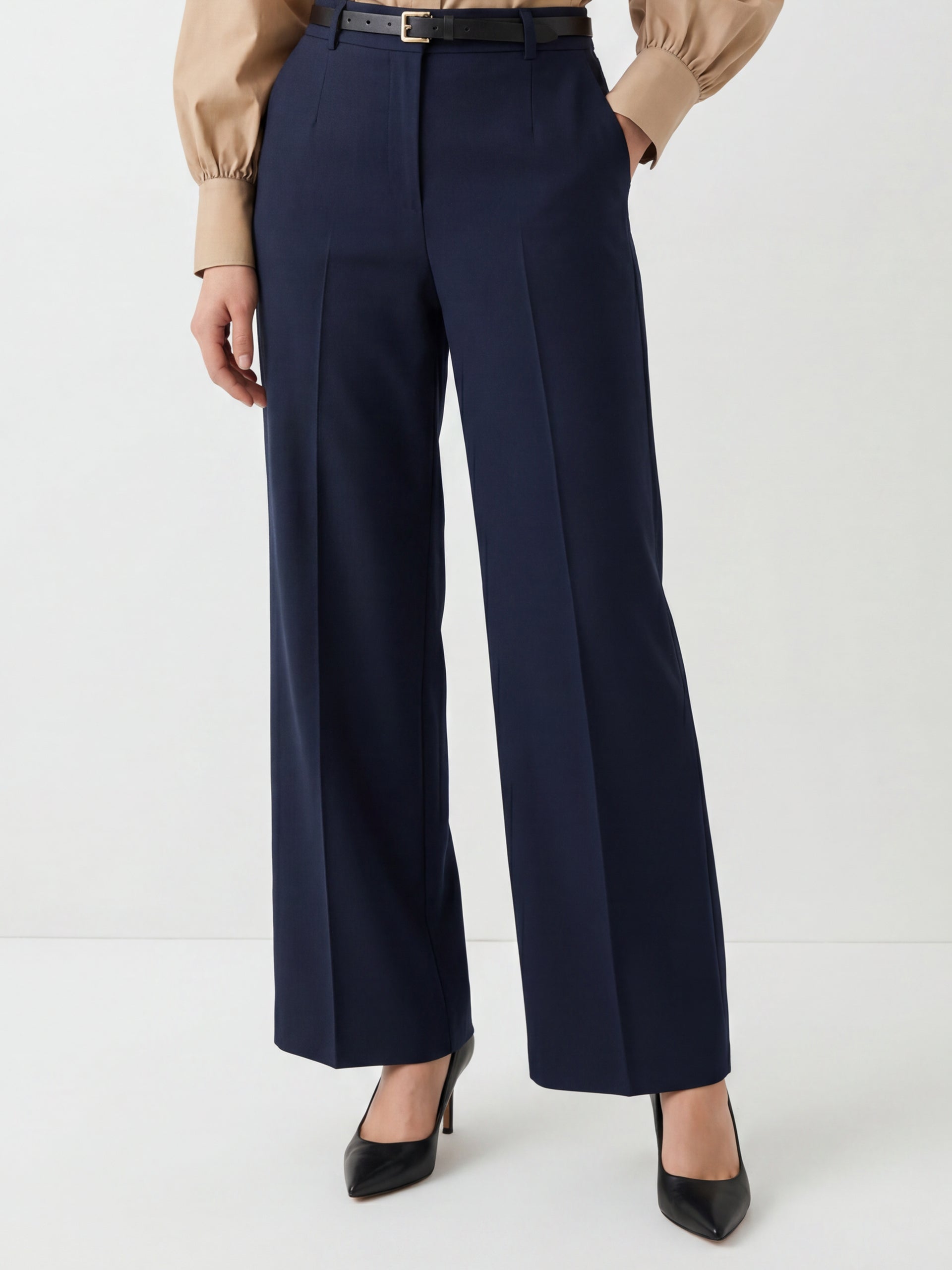 Navy Blue High Waist Belted Trousers