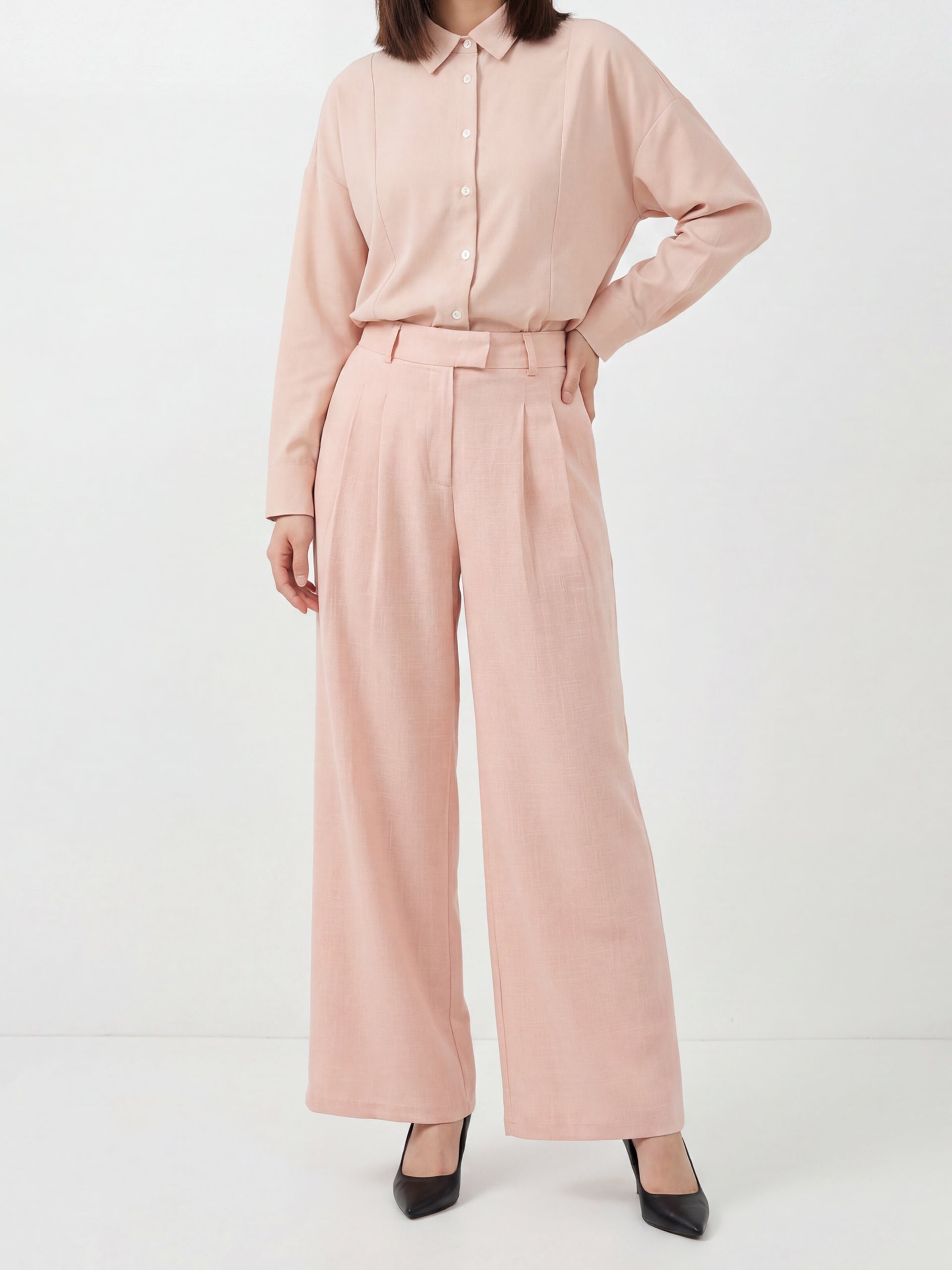 Pink Pleated Wide Leg Trousers