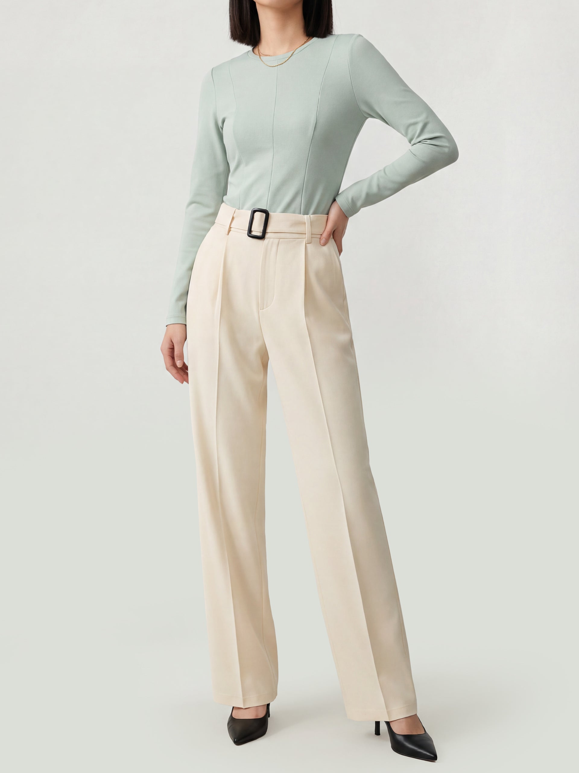 Women's Cream Buckle Waist Pants - women's Trousers | SYNCC
