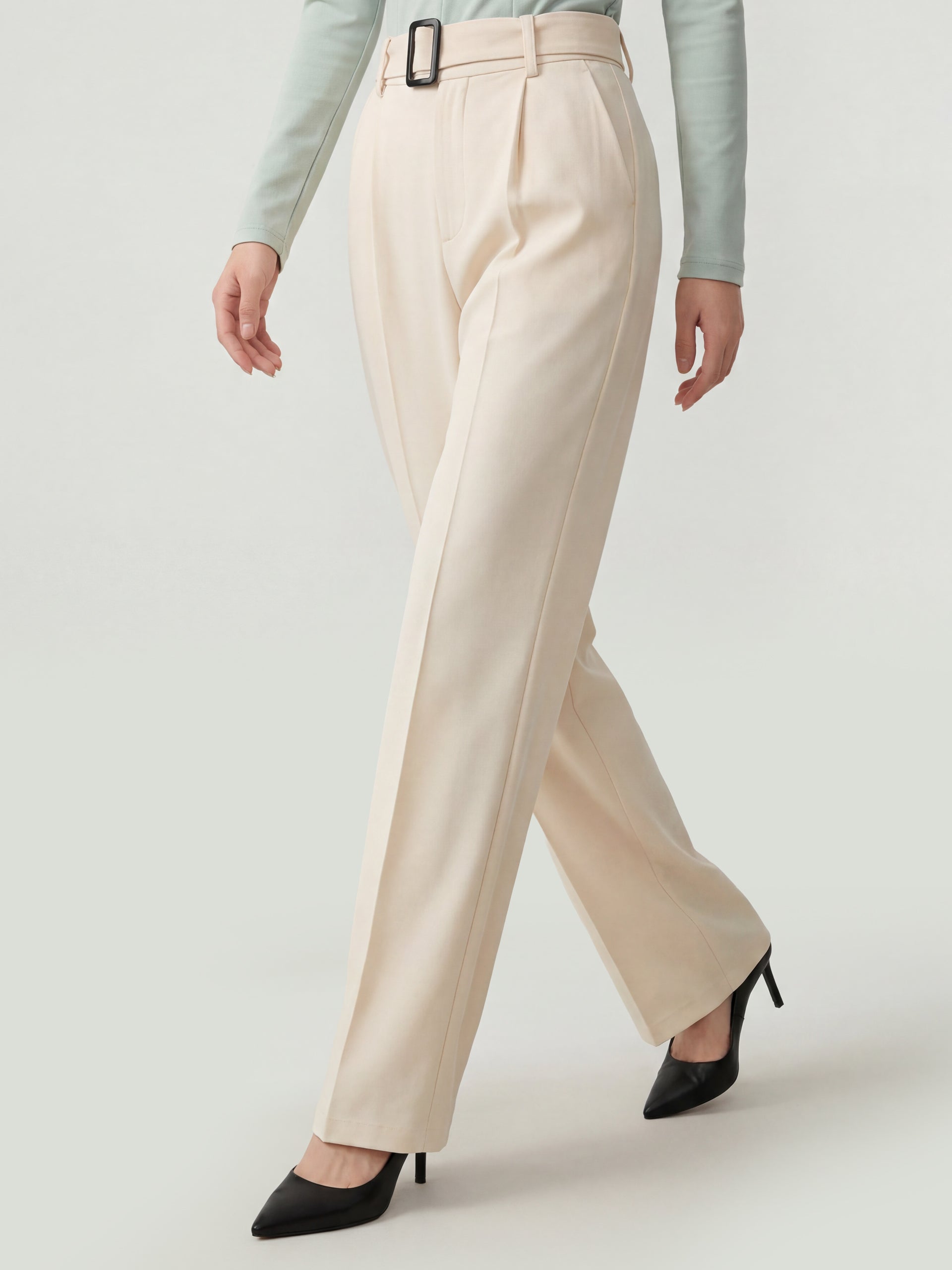 Cream Buckle Waist Pants