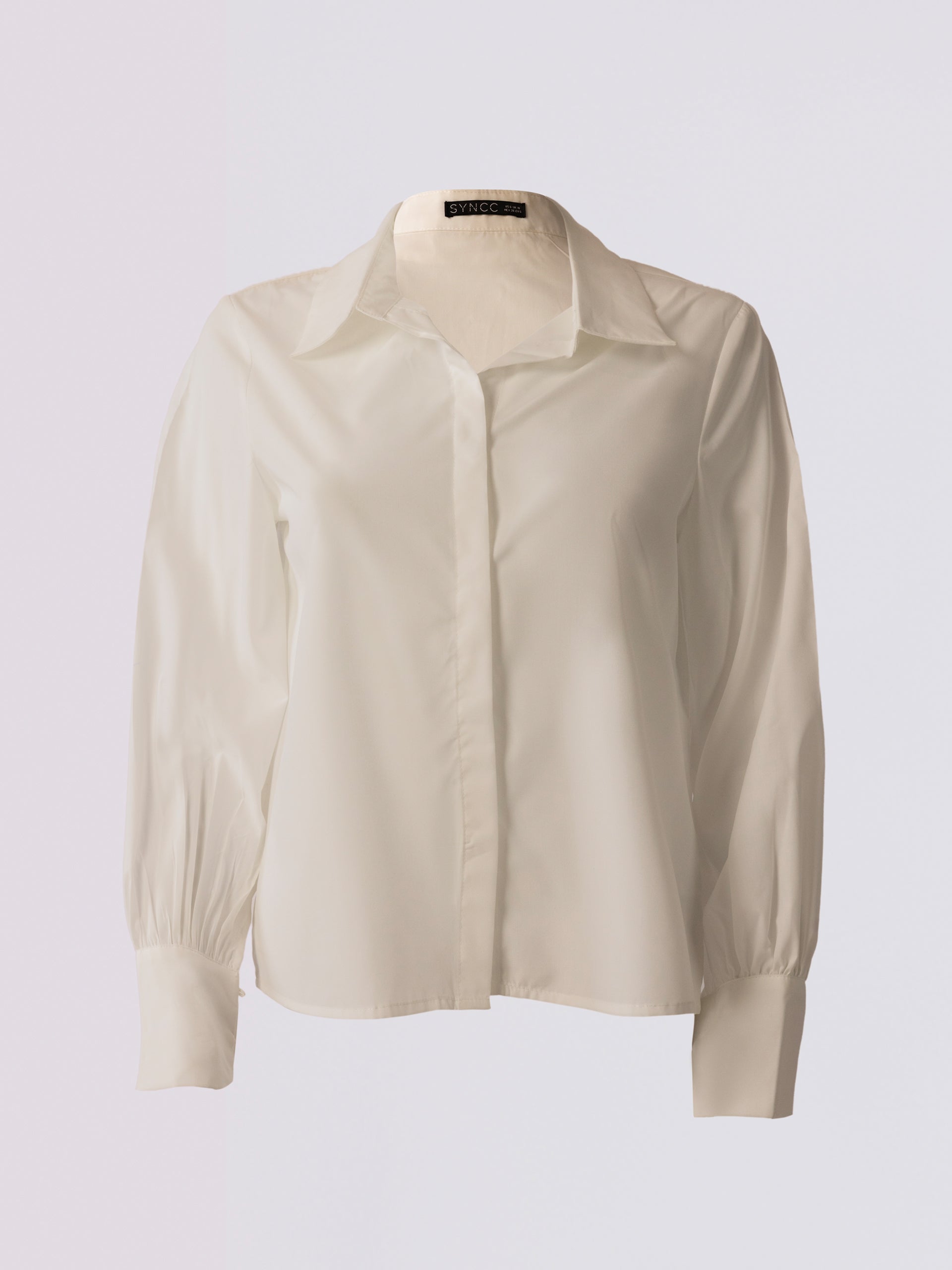 Women's White Bishop-Sleeve Blouse - women's Short Shirt | SYNCC