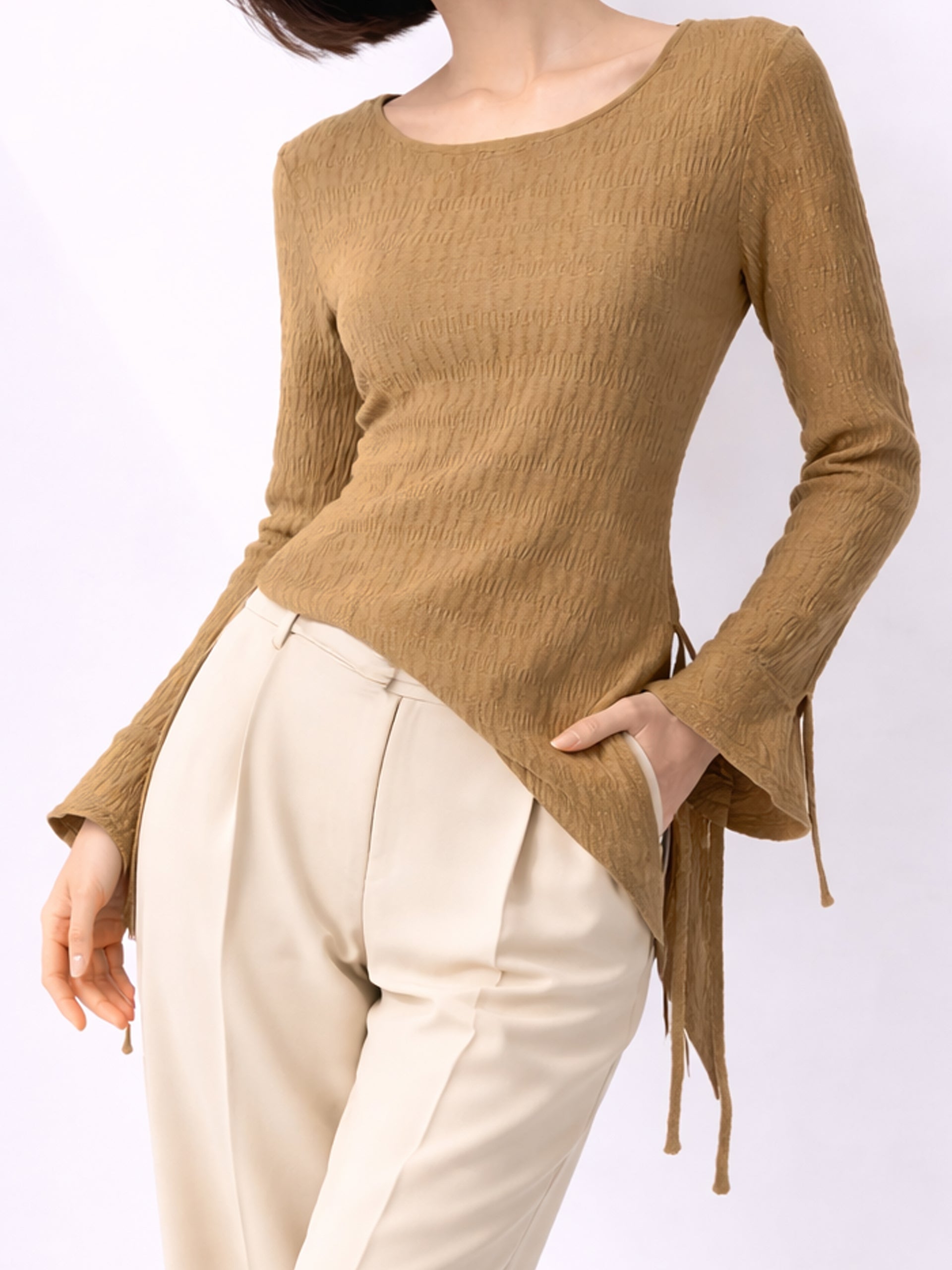 Women's Gold Brown Asymmetric Side-Tie Top - women's Short Shirt | SYNCC