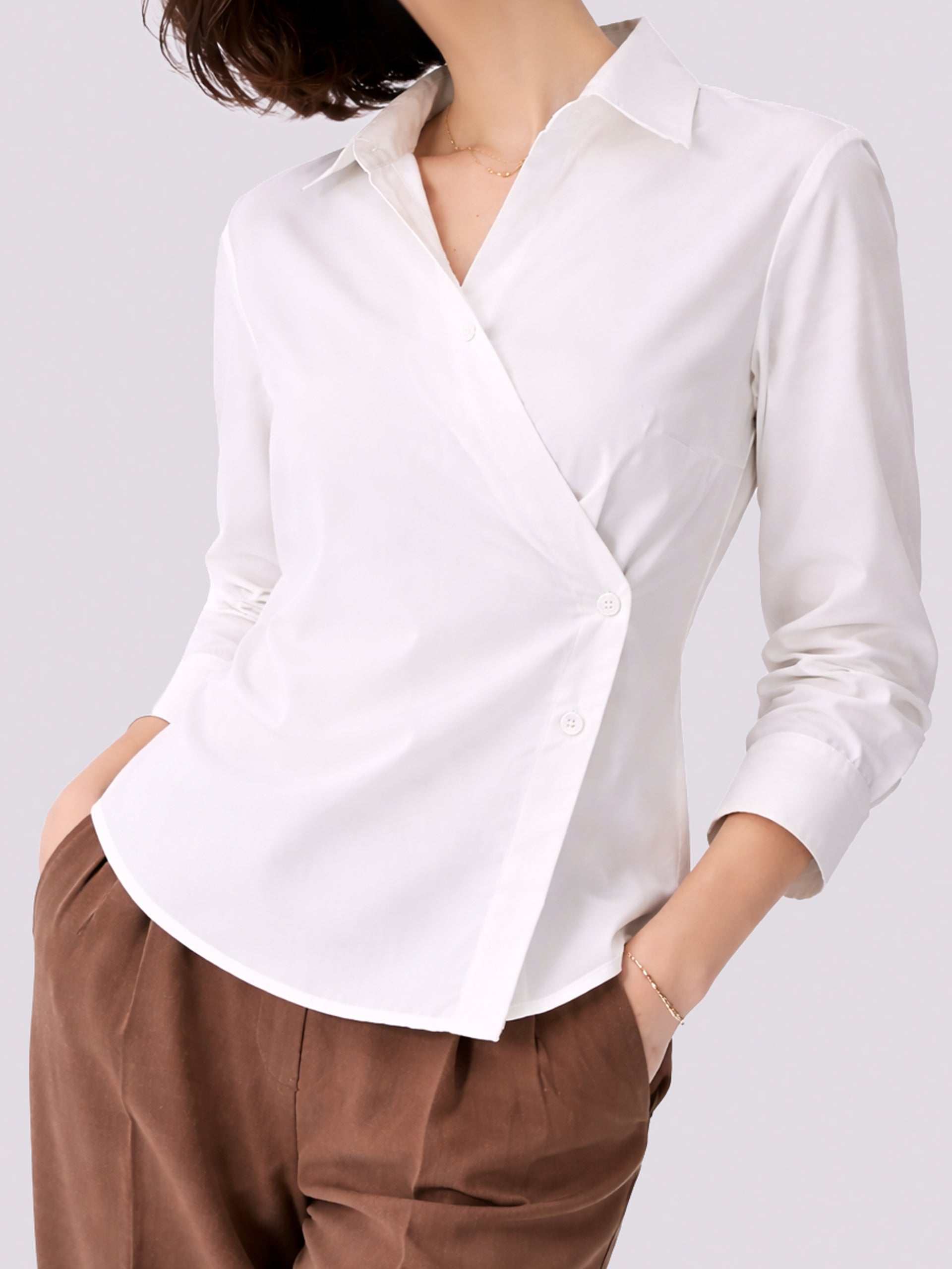Women's White Crossover Wrap Shirt - women's Short Shirt | SYNCC