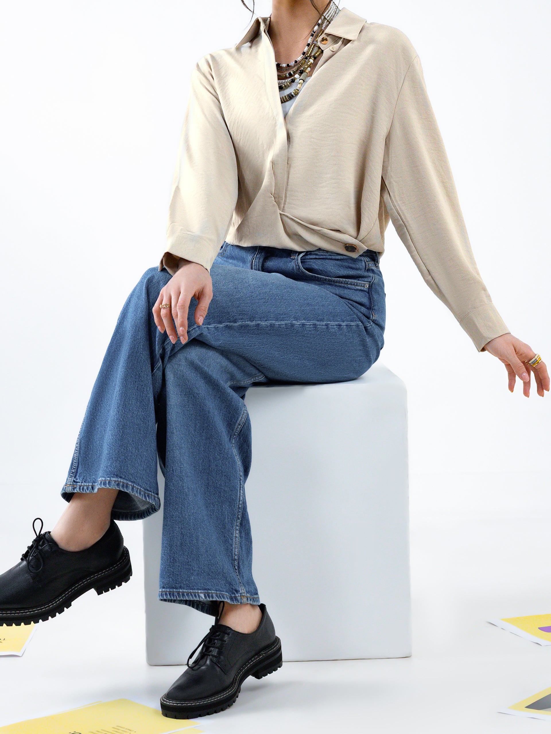 Stone Buttoned-Waist Asymmetric Top