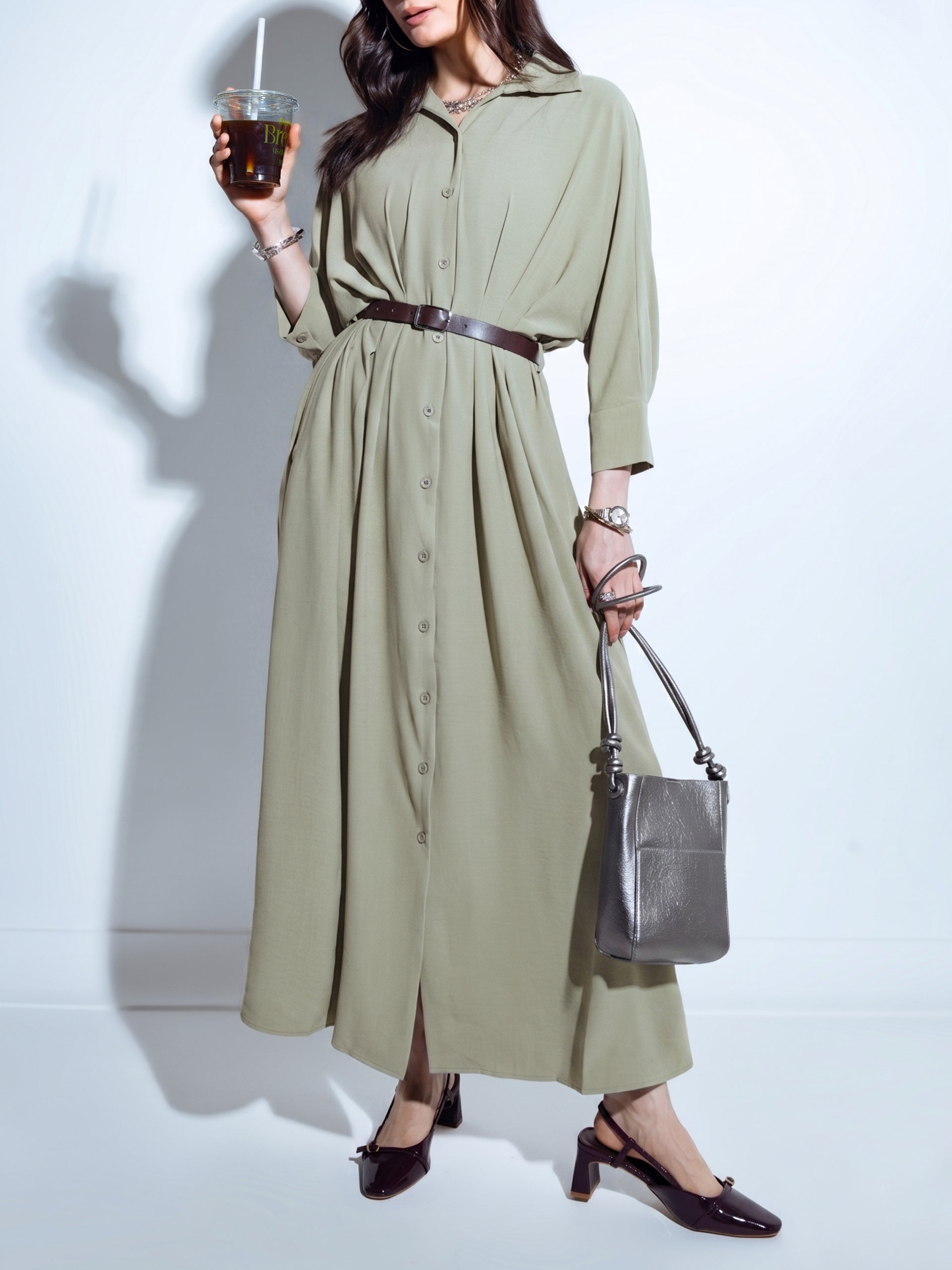 Women's Olive Pleated Shirt Dress - women's Long Shirt | SYNCC